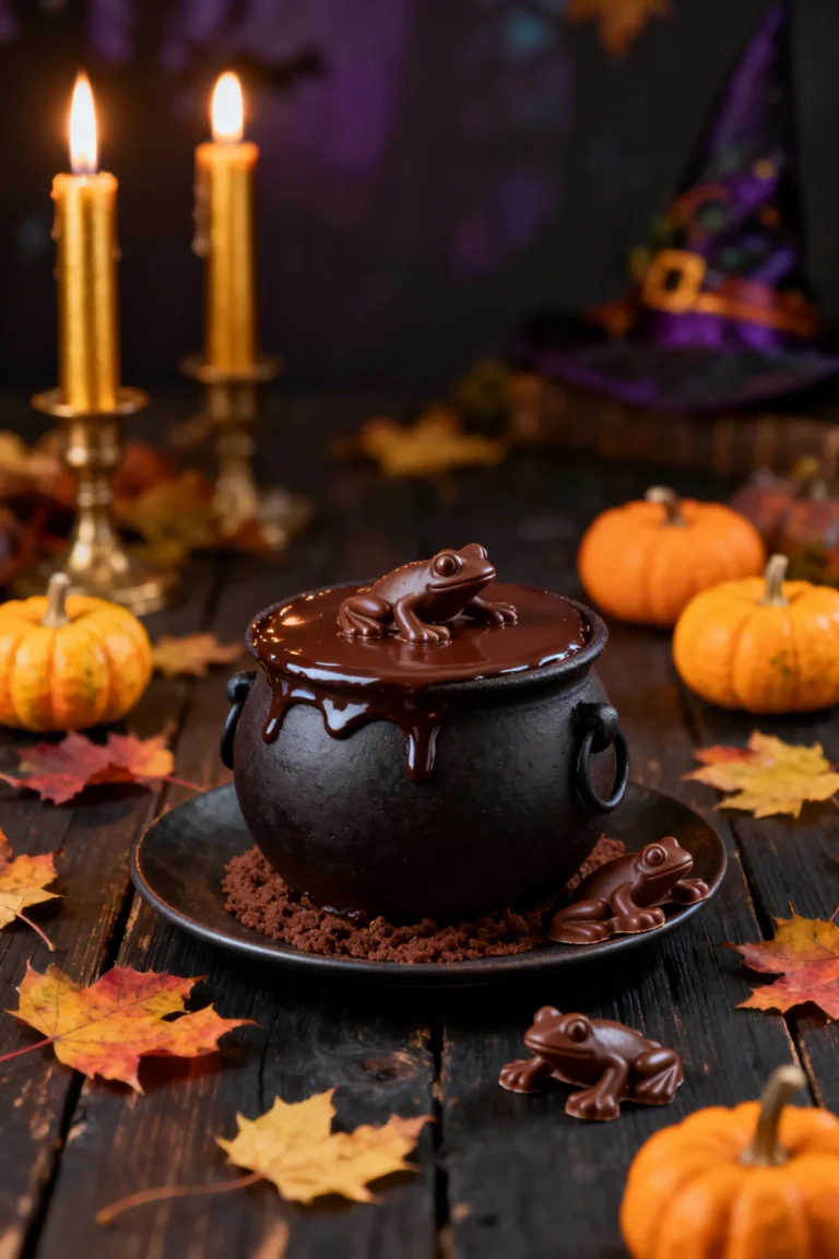 Desserts festifs magiques facon chaudron et grenouilles en chocolat